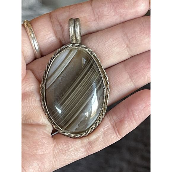 VTG Sterling Silver Banded Agate Pendant, Signed JS, Navajo Native Style, SW 2” - Picture 3 of 8